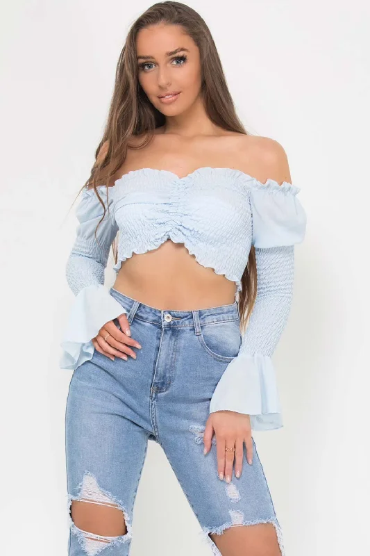 Shirred Ruched Front Crop Top Blue