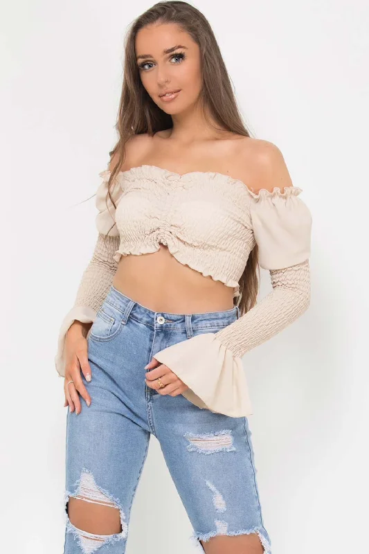 Shirred Ruched Front Crop Top Stone