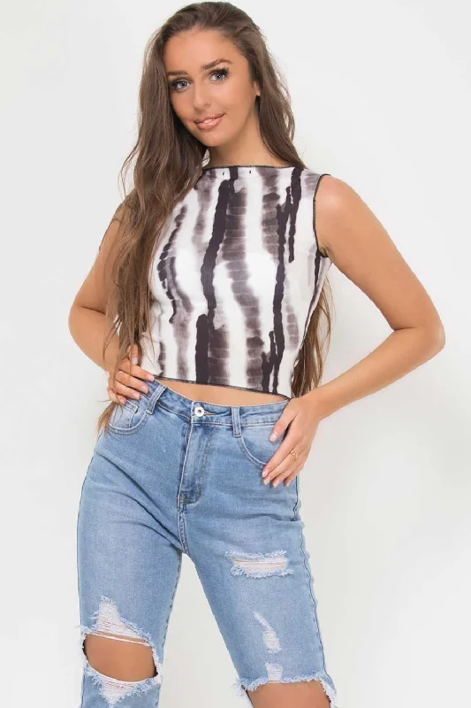 Tie Dye Stitch Detail Sleeveless Crop Top Brown