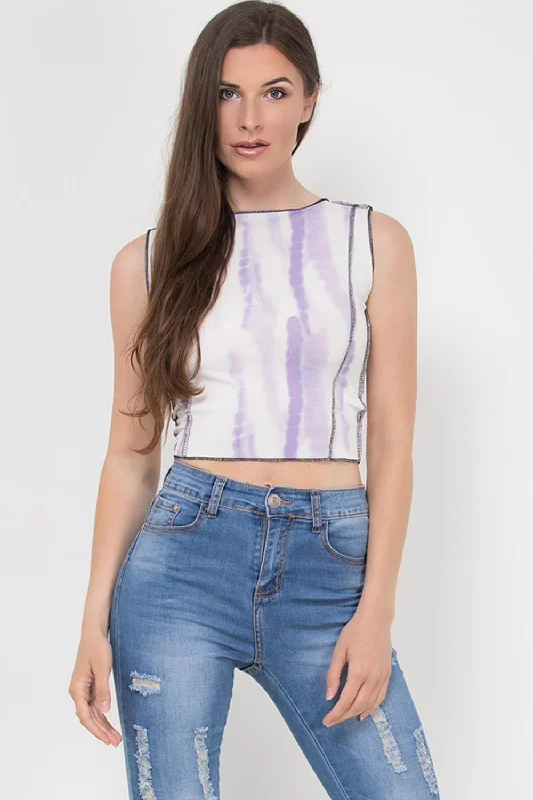 Tie Dye Stitch Detail Sleeveless Crop Top Lilac